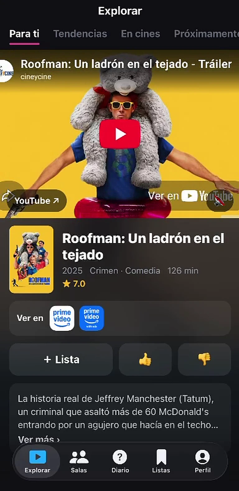 Pantalla Explorar con el tráiler y las plataformas de una película