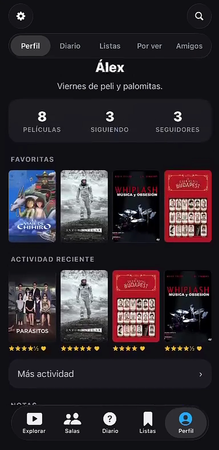 Perfil con favoritas y estadísticas